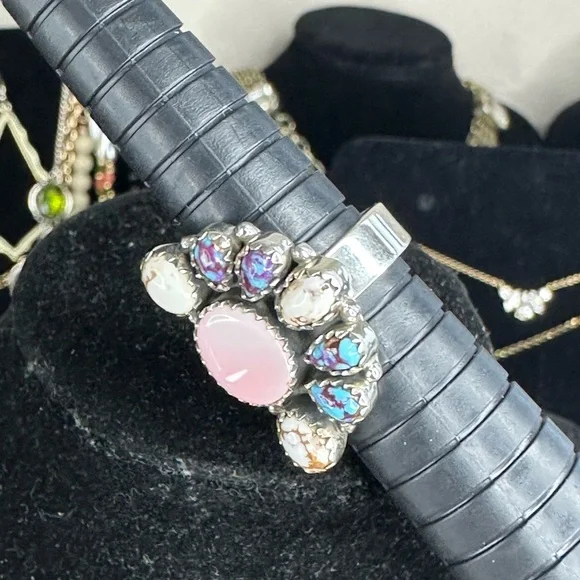 Sterling Silver Pink Conch & Composite gemstones half flower Ring Sz 6.5 adj - Picture 10 of 14